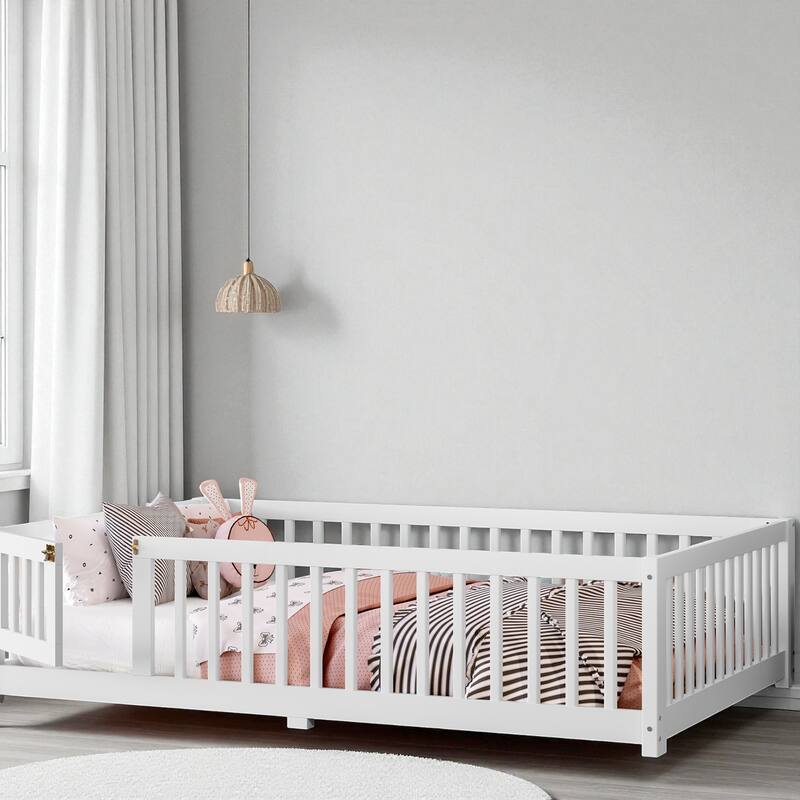 Twin/Full/Queen Size Wood Floor Bed with Door and Guardrails for Kids, Montessori Bed with Removable Slats