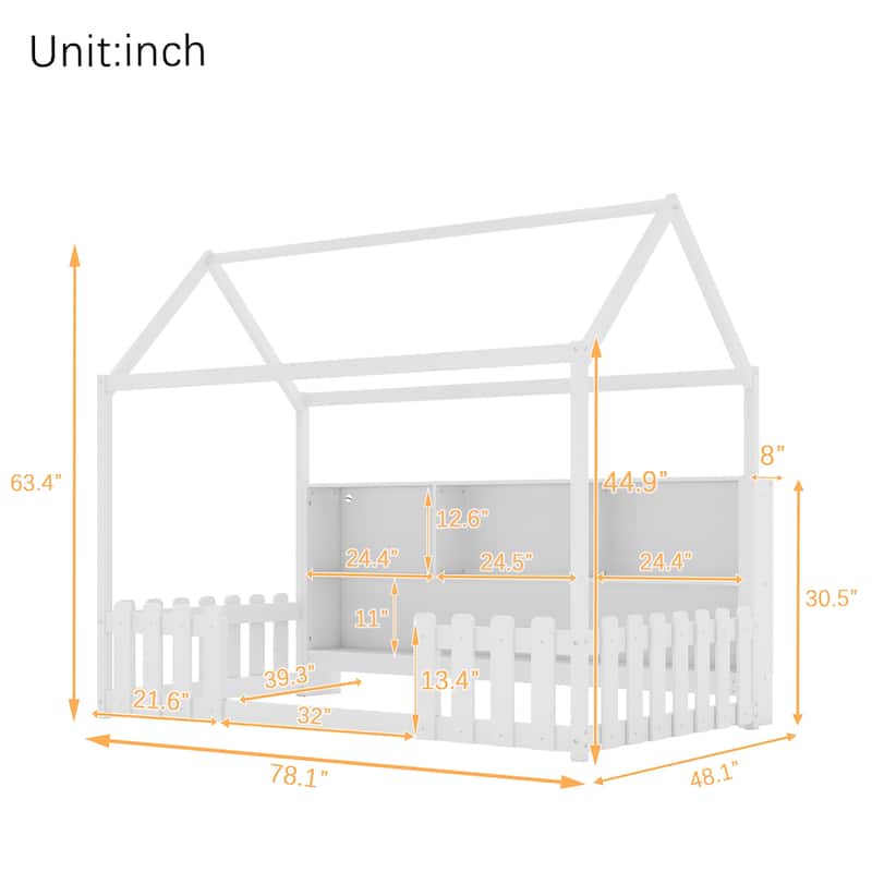 Twin Size House-shaped Bed Frame with Storage Bookshelf Built-in Lighting Strip for Kids Toddler Floor Bed with Wooden Fences