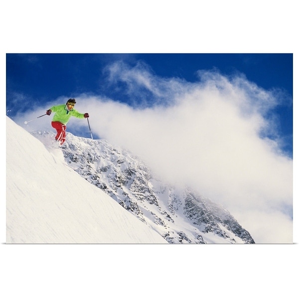 "Skier flying over slope with clouds, Whistler Mount, Canada, low angle view" Poster Print
