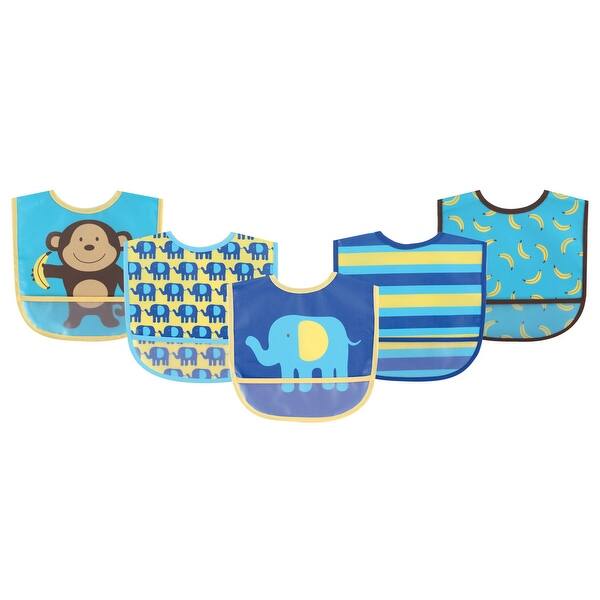 slide 1 of 1, Luvable Friends Baby Boy Waterproof PEVA Bibs 5pk, Blue Monkey, One Size - Blue Monkey - One Size One Size - Blue Monkey