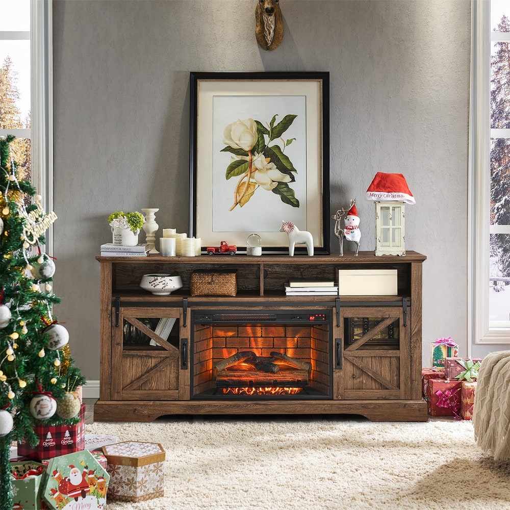 60"W Fireplace TV Stand with Sliding Barn Door, Farmhouse TV Console - 60"L x 15.75"W x 32"H