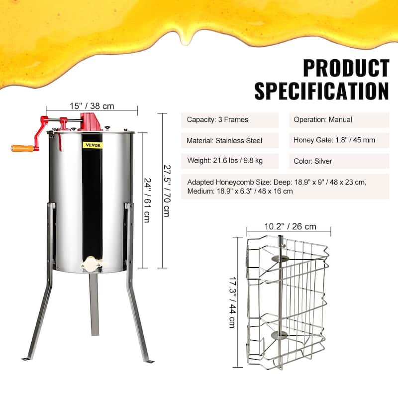 Manual Honey Extractor, 3 Frames Honey Spinner Extractor, Stainless Steel Beekeeping Extraction, Honeycomb Drum Spinner with Lid