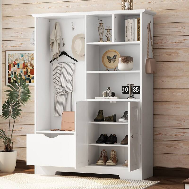 73.2"H Multi-functional Hall Tree with Storage Shelves Drawers and Cabinet