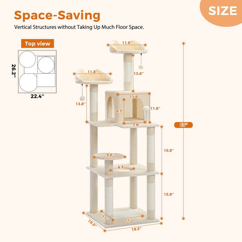 63" Indoor Large Cat Tree Cat Tower with Scratching Pad and Cozy Condo