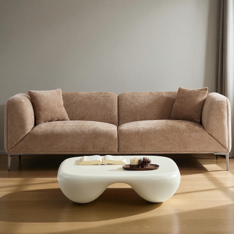 82.6" Modern Curved Boucle Sofa, Thick Cushions & Solid Wood Frame, Cozy Living Room Couch for Reading & Movie Nights - Camel+Brown