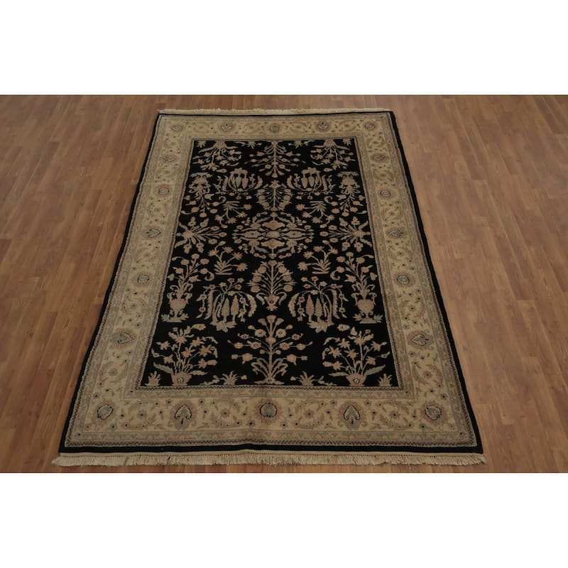 Hand Knotted Oriental 100% Wool Carpet Traditional Floral Black Agra Area Rug - 8' 7'' X 5' 9''