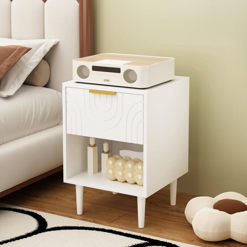 Modern White Nightstand with Gold Handle, 1 Drawer & Open Shelf