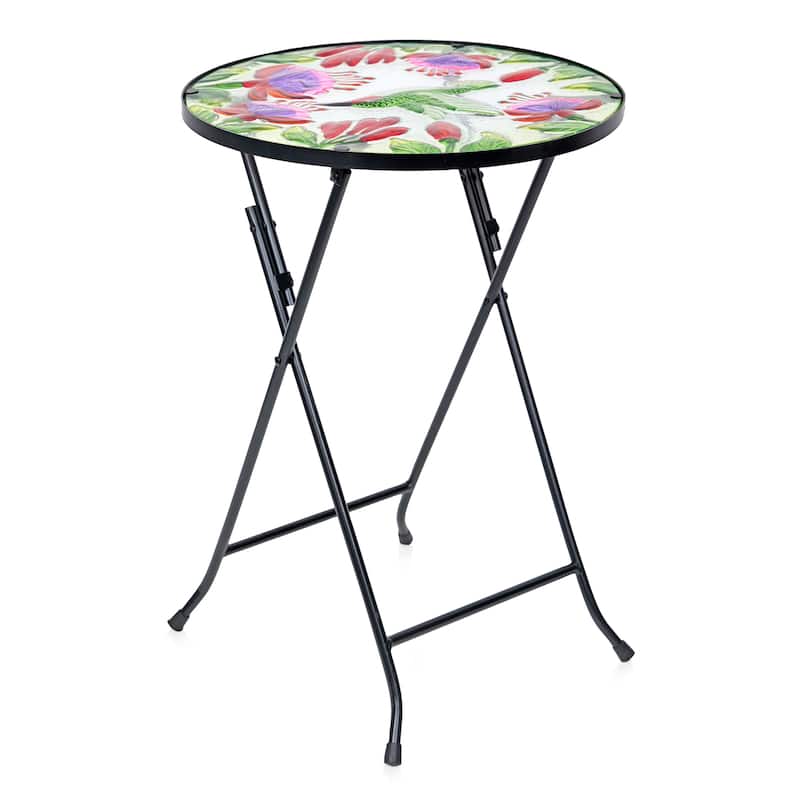 14" Folding Glass Round Table with Flowers and Hummingbirds