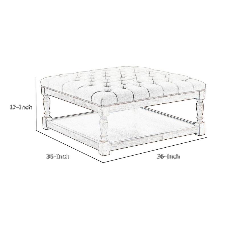 Xena Coffee Table, 36 Inch Tufted Frost Gray Upholstery, Solid Wood