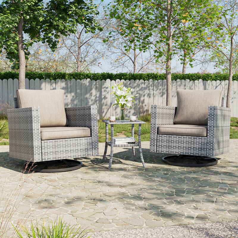 BONOSUKI 3Pcs Patio Swivel Rocking Sofa Set Brown Grey w/Glass Table - Linen Flax Beige