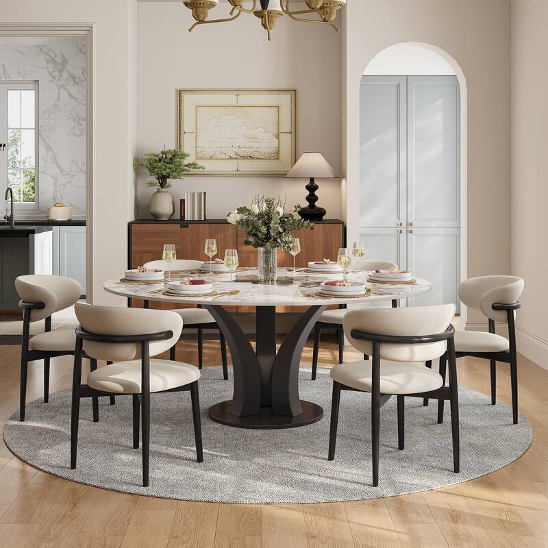 59" Round Sintered Stone Dining Table for 6-8, Glossy Pandora Table top