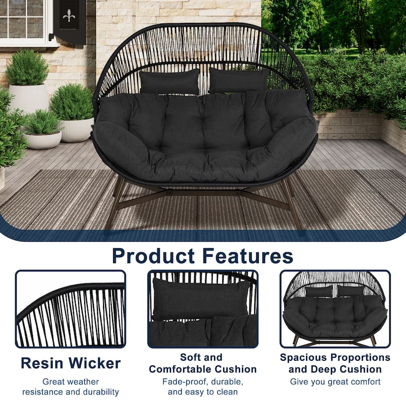 2 PCS Outdoor Oversized Wicker Egg Basket Lounger Chair with Cushions