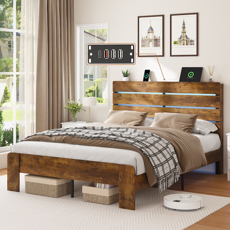 Bed Frame with Headboard and Footboard, with Under Bed Storage, LED Lights, Charging Station - Full