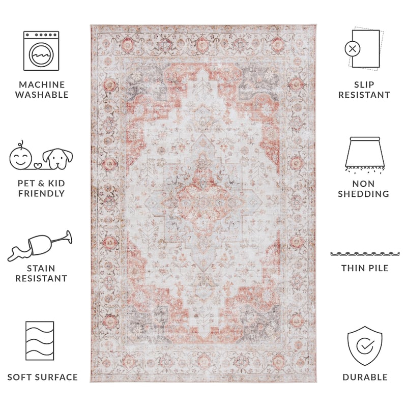 SAFAVIEH Tucson Machine Washable Slip Resistant Korneliya Oriental Medallion Rug - Light Grey/Rust - 5' x 8'
