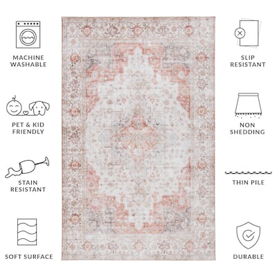 SAFAVIEH Tucson Machine Washable Slip Resistant Korneliya Oriental Medallion Rug - Light Grey/Rust - 5' x 8'
