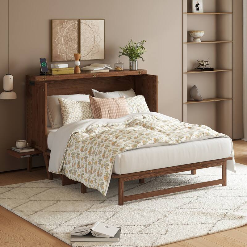 Queen Size Murphy Bed with USB Port and Removable Shelves on Each Side, Solid Pine Murphy Cabinet Bed for Home Office