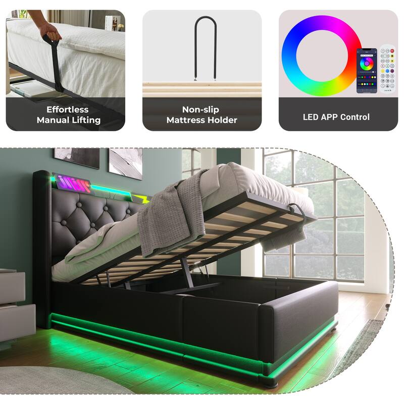 Metal Frame Storage Bed LED PU Upholstered Platform Bed, Twin