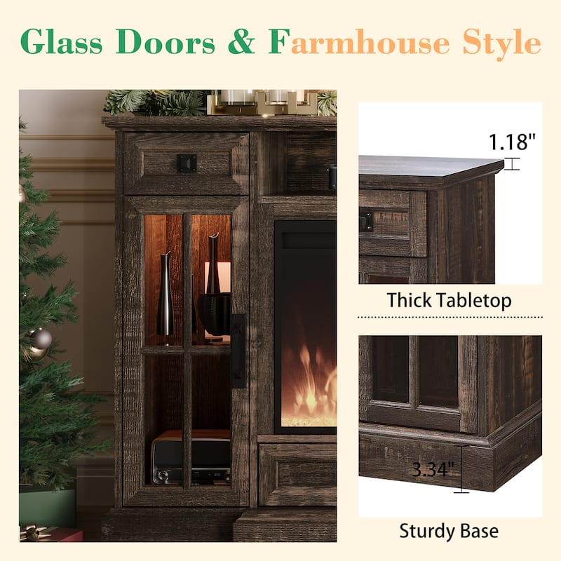 Fireplace TV Stand for 80" TV, Farmhouse Entertainment Center with LED