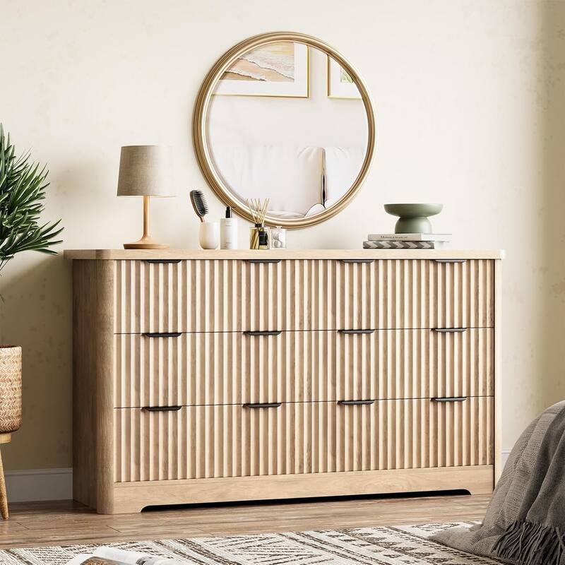 Grooved 6 Drawer Dresser, Sturdy Clothing Storage, Natural Wood - Wood