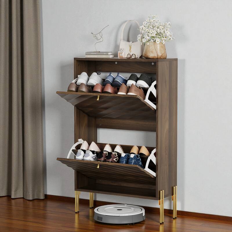 23.6" Shoe Cabinet with 2 Flip Drawers, Mid-Century Modern Freestanding Shoe Storage Organizer with Metal Legs