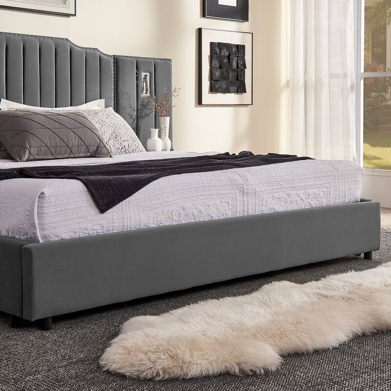 King Size Upholstered Bed Frame with Velvet Fabric, Vertical Stripe Design with Buttons Around King Size Platform Bed