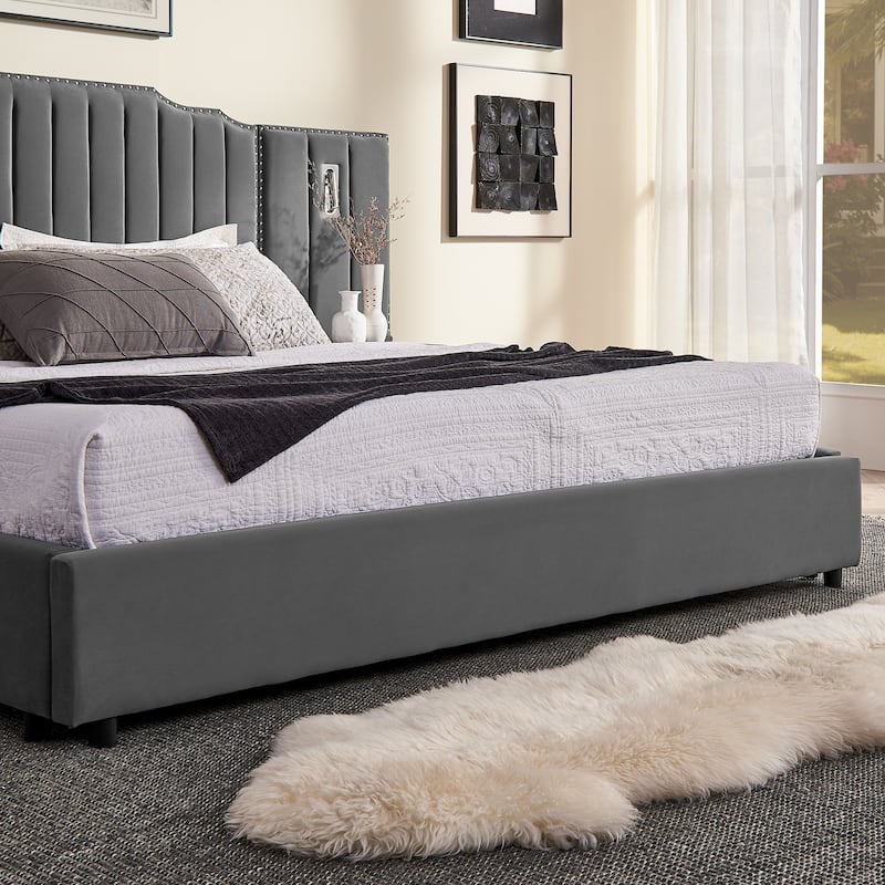 King Upholstered Wingback Platform Bed Frame with Vertical Stripe Enlarged Headboard, Adjustable Lamps & Integrated Nightstand