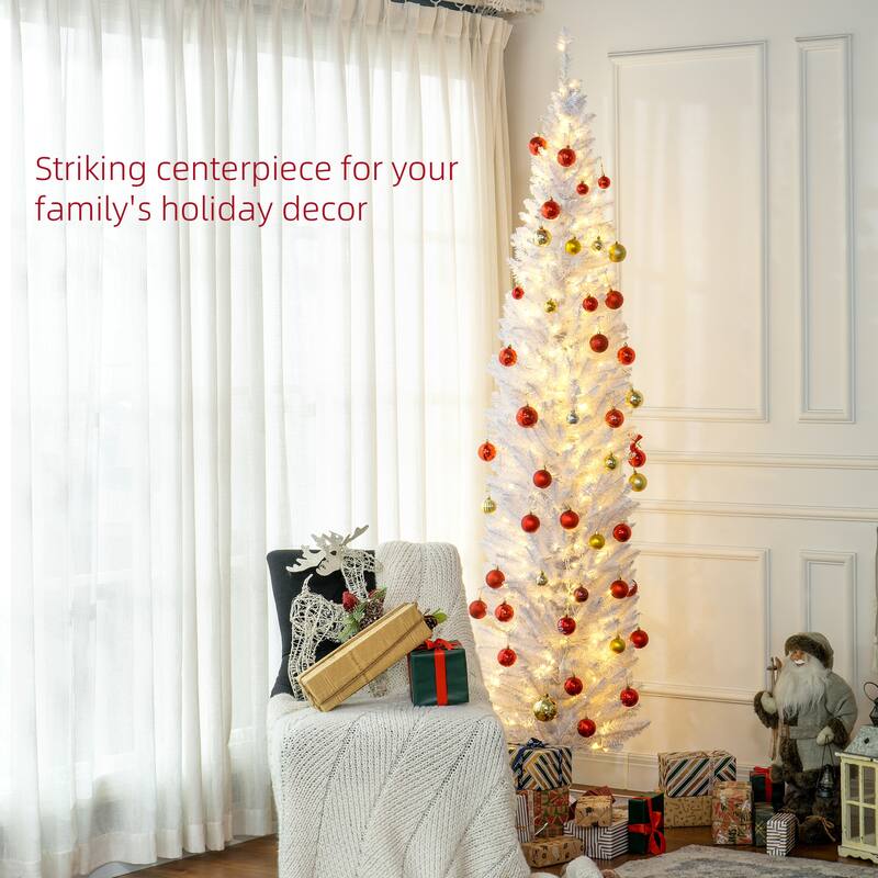 HOMCOM Pre-Lit Slim Noble Fir Tree - Warm White LED Lights, White, Holiday Decor