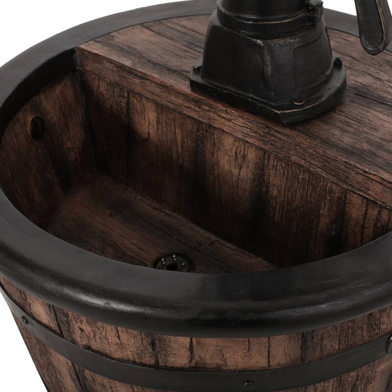Roomfitters 26.5" Hand-Crafted Rustic Barrel and Pump Outdoor Water Fountain with LED Lights, Weather-Resistant Faux Stone, Wood