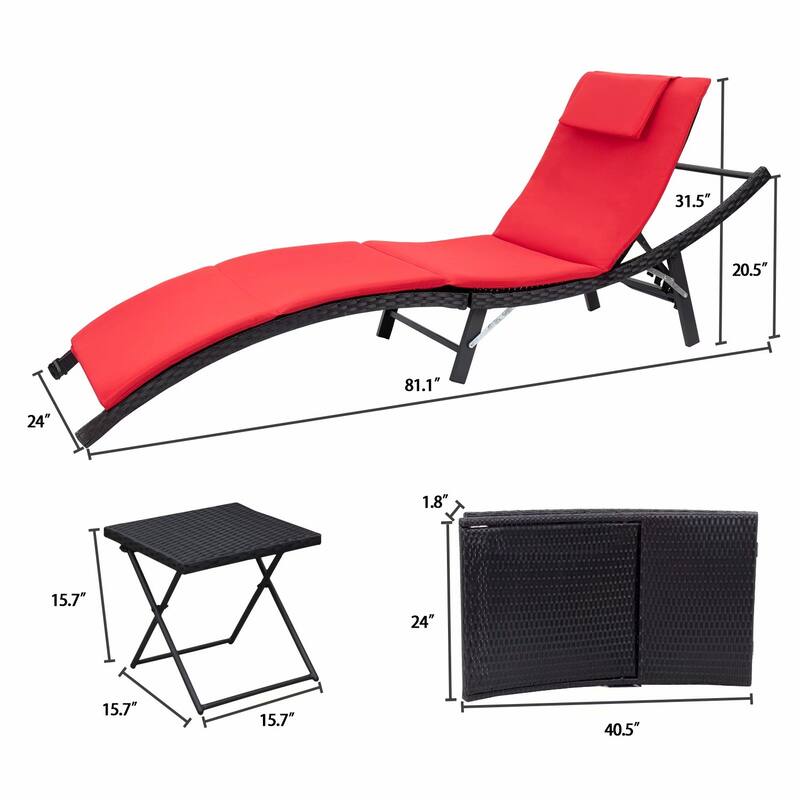 Homall Patio Chaise Lounge Sets Outdoor Rattan Adjustable Back 3 Pieces Cushioned Patio Folding Chaise Lounge with Folding Table