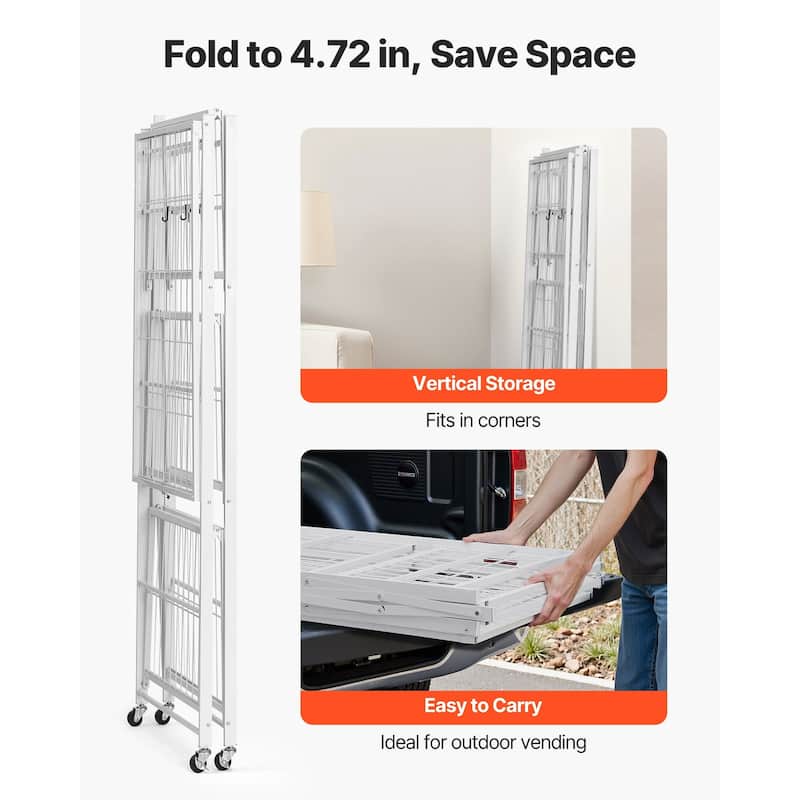 White Carbon Steel Garage Folding Storage Shelf with Wheels and 750 lbs Capacity - 21 x 36 x 60 in