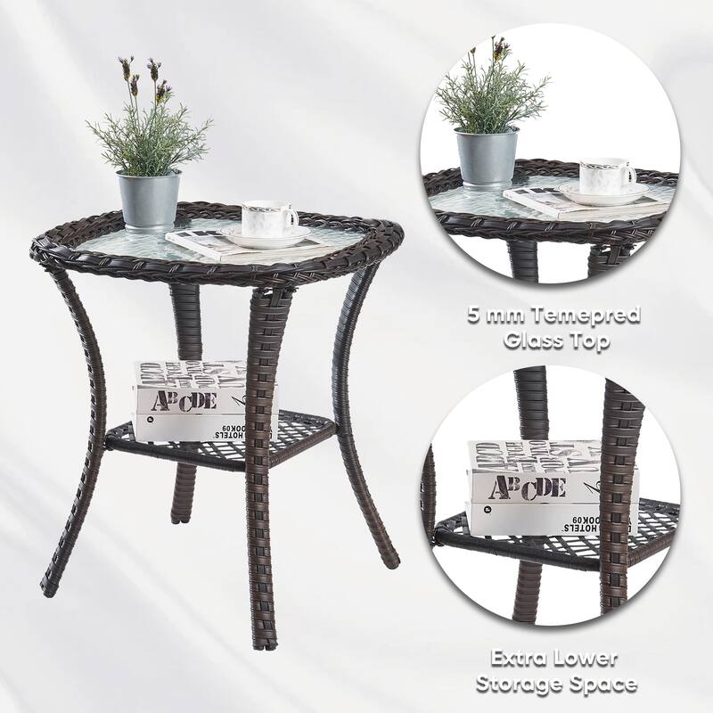 Patio Rattan Wicker Coffee Table with Tempered Glass Top
