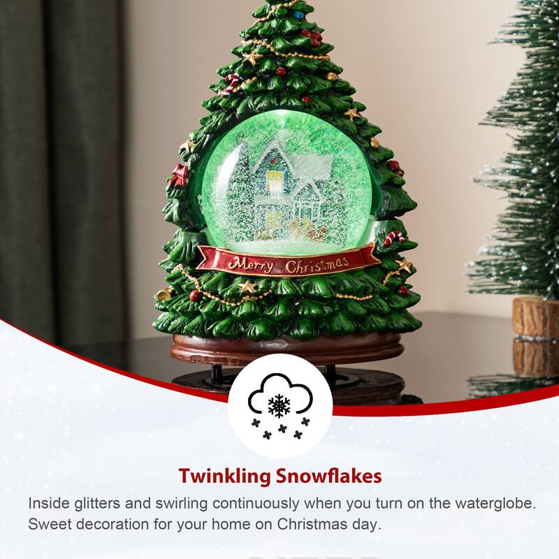 Glitzhome 100mm Christmas Resin Lighted Musical Snowflakes Christmas Tree Waterglobe