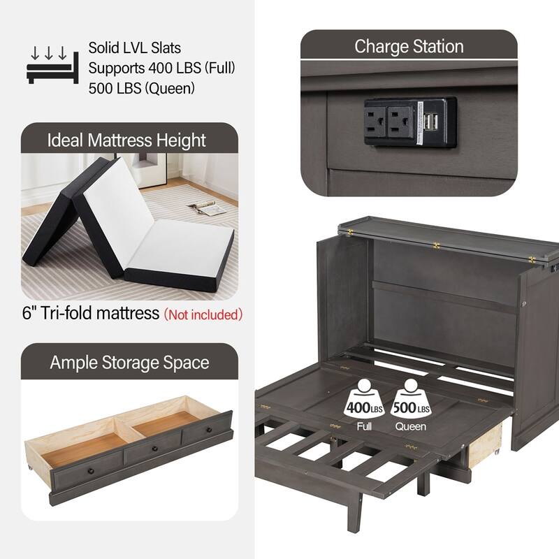 Wood Murphy Bed Chest Cube Cabinet Bed