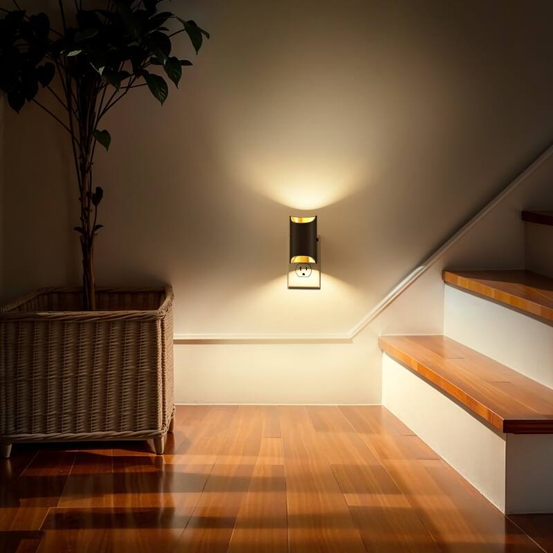 YANSUN Set of 2 Plug-in Dusk-to-Dawn Night Lights, Black Cylinder Wall Lamp, 3000K Warm Light, Sliding Dimmer, US Plug