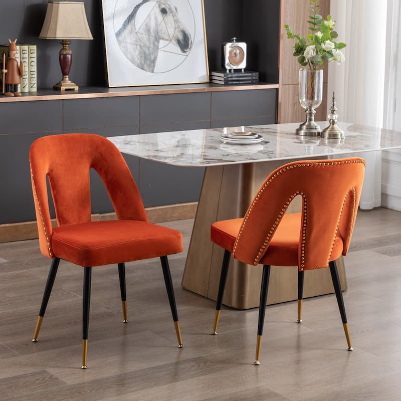 Set of 2 Modern & Contemporary Upholstered Dining Chairs with Nailheads and Metal Legs - Orange