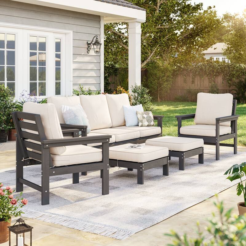 HIPS Outdoor Sofa Set with 3.9 Inch Cushions & Ottoman (Set of 5) - Gray/Beige