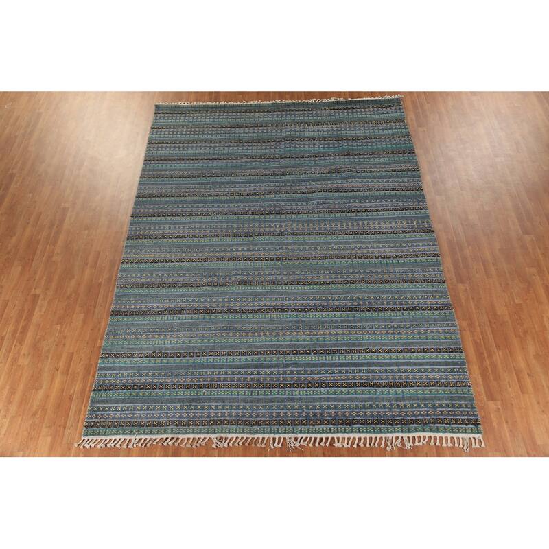 Striped Moroccan Oriental Area Rug Hand-Knotted Wool Carpet - 9'0" x 12'2"