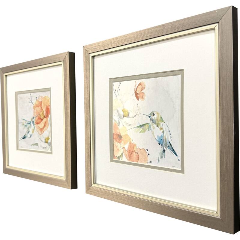HomeRoots Set Of Two Floral Hummingbird Silver Framed Wall Art
