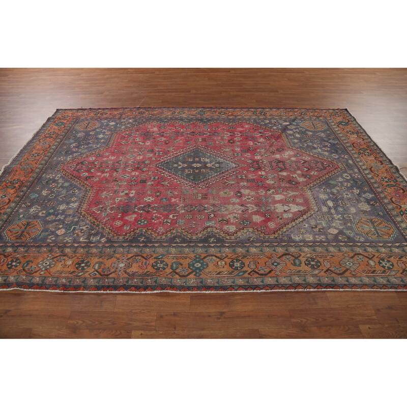 Geometric Joshaghan Persian Vintage Rug Hand-Knotted Wool Carpet - 6'7"x 9'10"