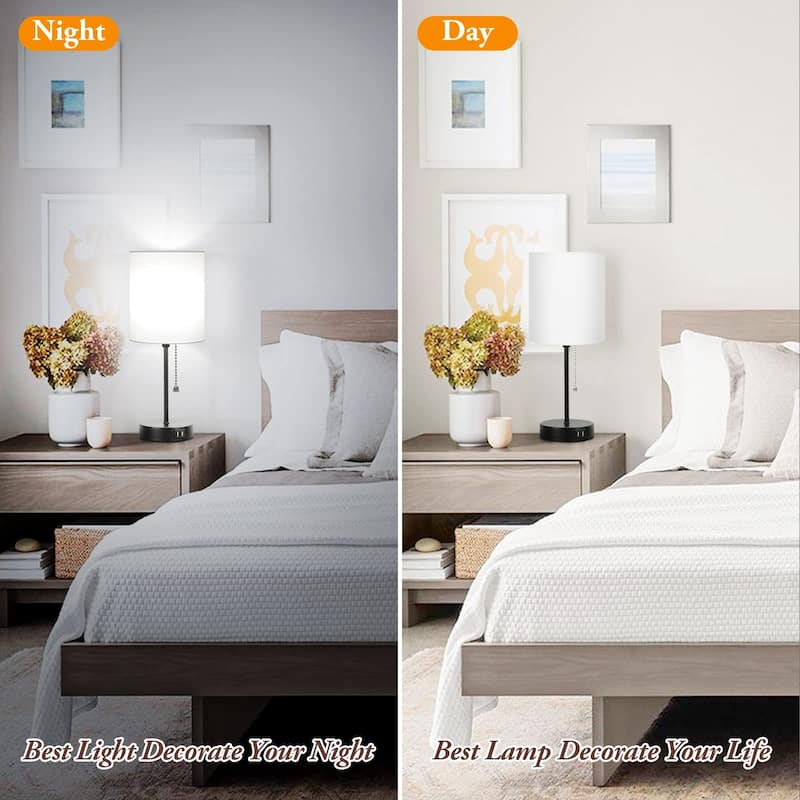 Table Lamps Set of 2 with USB Charging Ports, White Bedside Lamps with AC Outlet, Nightstand Lamps with Pull Chain Switch