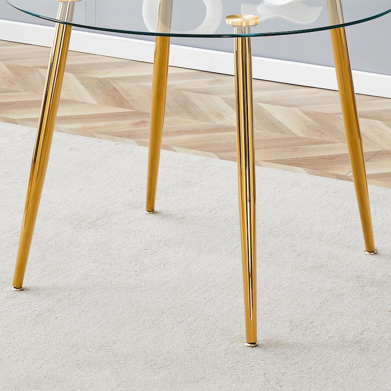 5-Piece Small Dining Table Set for 4, Modern Round Glass Table with 4 Faux Leather Dining Chairs for Small Spaces