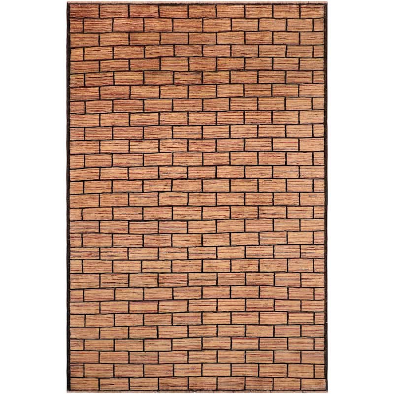 Chromatic Mosaic Gabbeh Hand Knotted Wool Rug - 5'10'' x 9'2'' - Black/Beige/Red/Blue