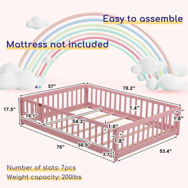 dimension image slide 7 of 10, Twin/Full/Queen Size Floor Bed with Safety Guardrails, Toddler Floor Bed for Girls and Boys