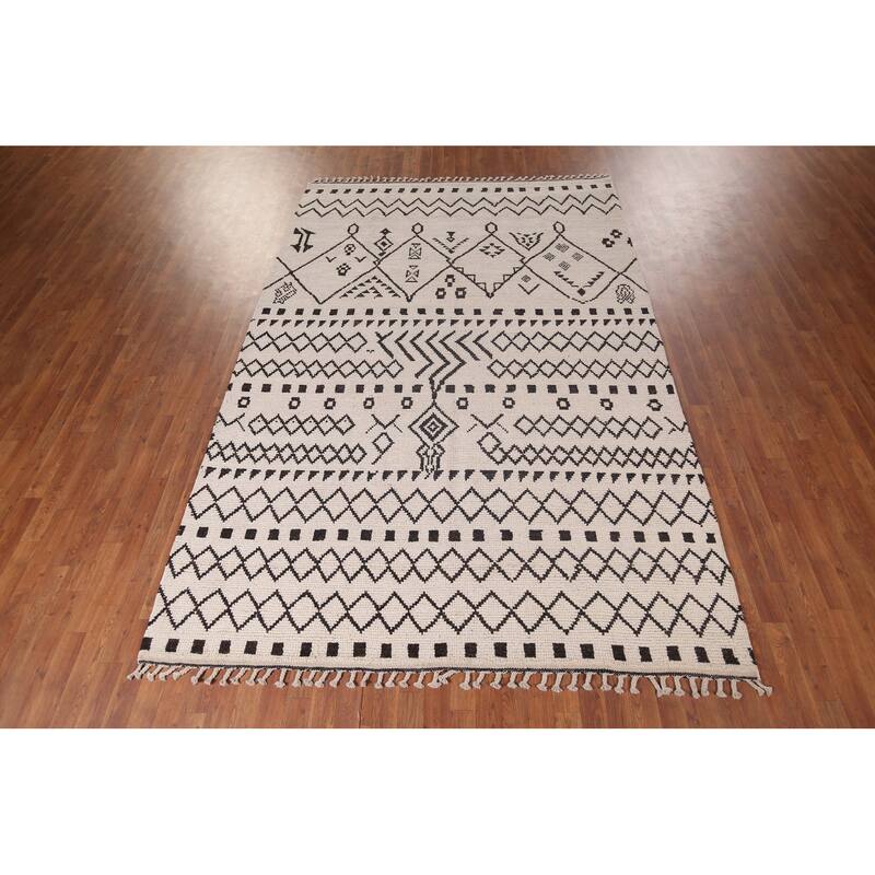 Ivory Trellis Moroccan Area Rug Hand-Knotted Wool Carpet - 7'0"x 10'4"