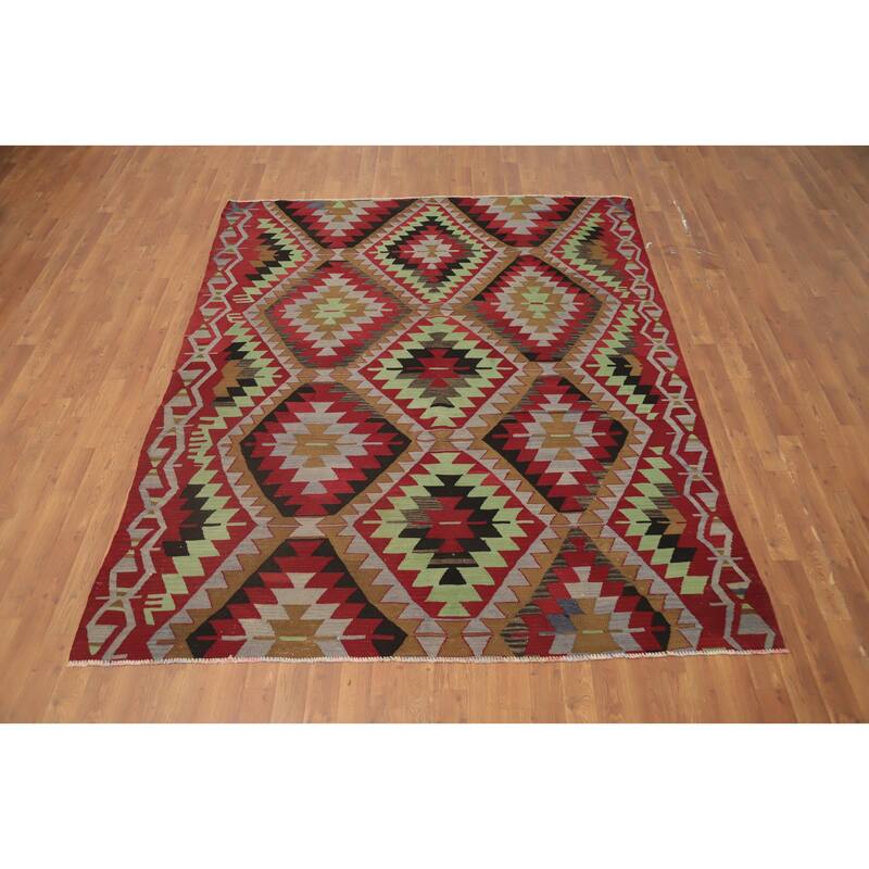 Hand Woven Oriental 100% Wool Carpet Southwestern Tribal Red Kilim Area Rug - 8' 0'' X 6' 6''