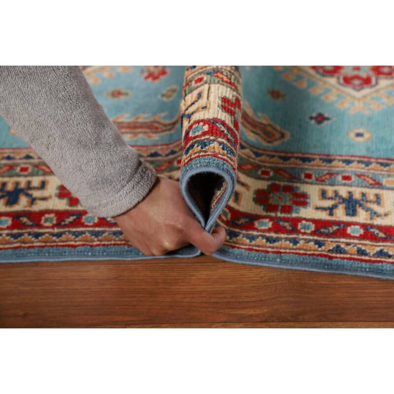 Light Blue Kazak Foyer Rug Geometric Hand-Knotted Wool Carpet - 2'8"x 4'2"