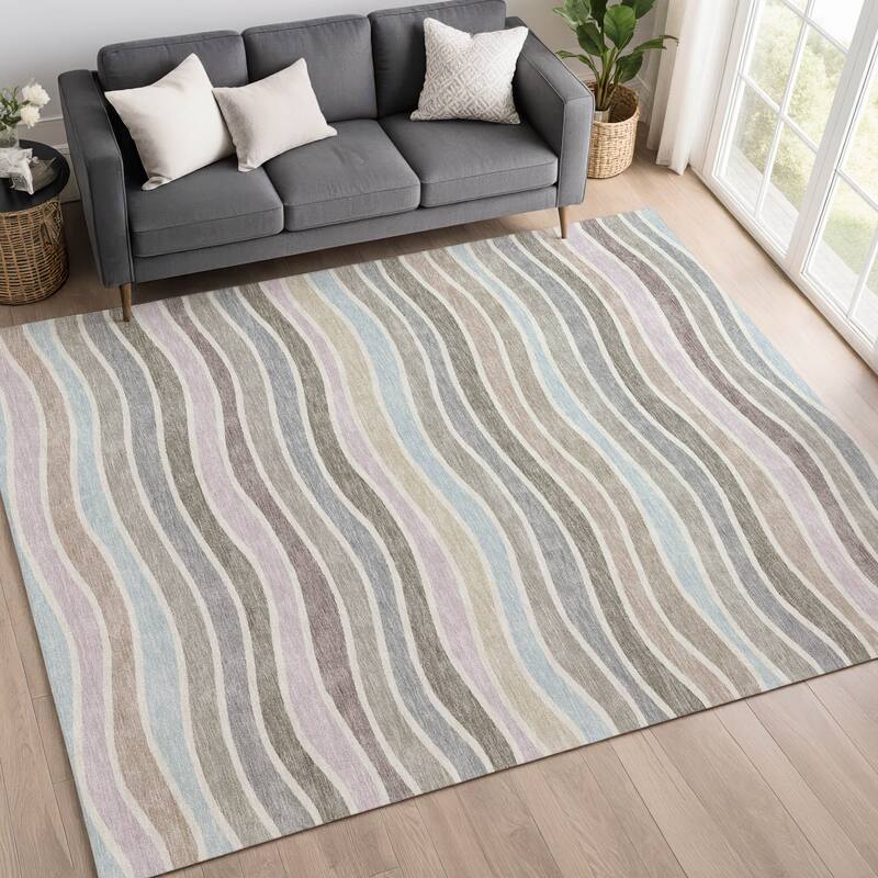 Machine Washable Indoor/ Outdoor Contemporary Stripe Chantille Rug