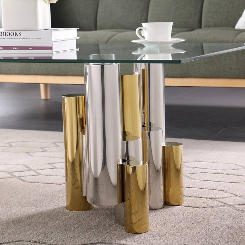 48" Stainless Steel Rectangular Glass Coffee Table for Living Room