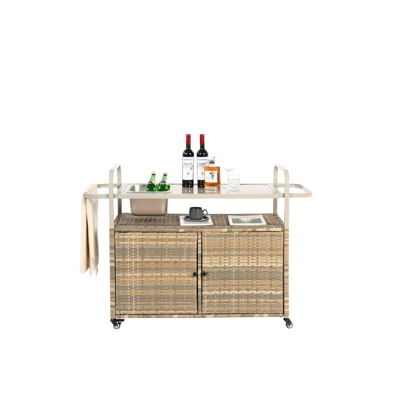 Outdoor Bar Table, Wicker Bar cart with Cabinet, Patio Serving cart with steel Top, with one ice bucket,Lockable Wheels - Beige