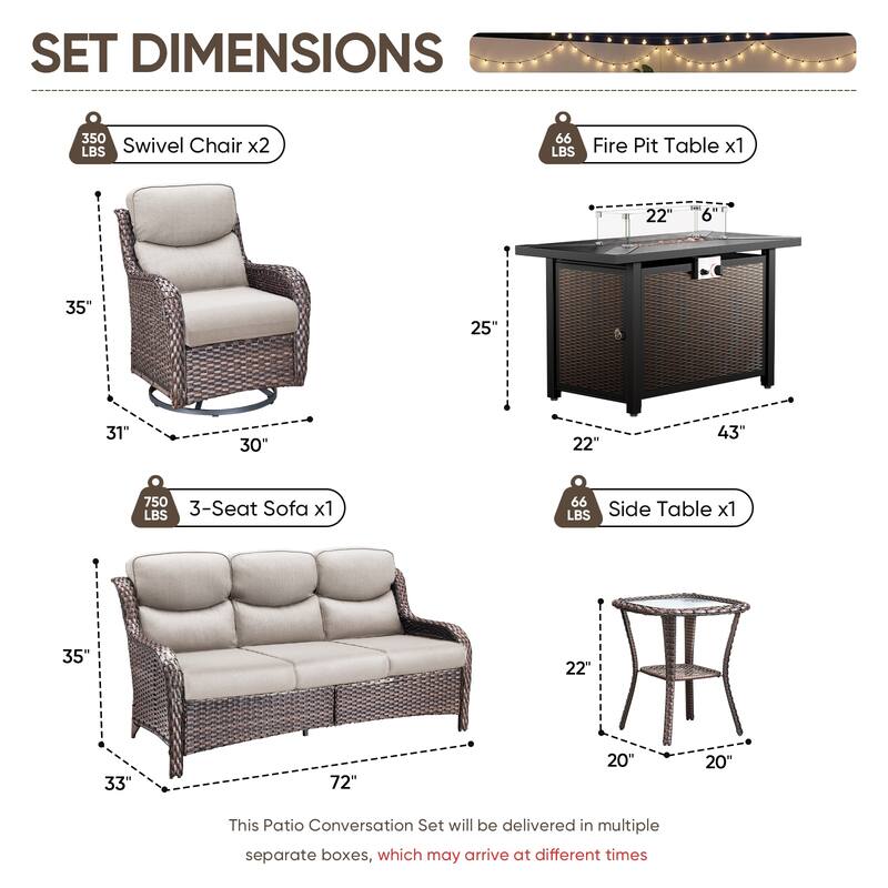 Pocassy 4/5 Piece Patio Sofa Furniture Set with 43" Fire Pit Table